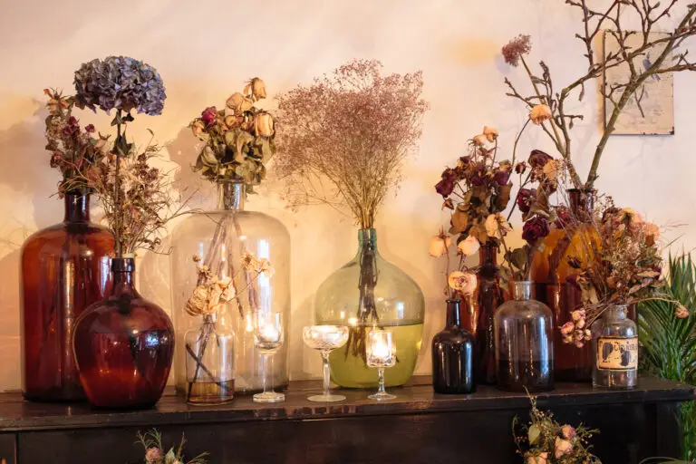 unterschiedlich große Vasen mit Trockenblumen